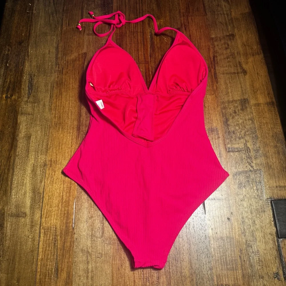 EUC Bongo Pink Ribbed Plunge Lace-Up One Piece‎ Swimsuit Size Large